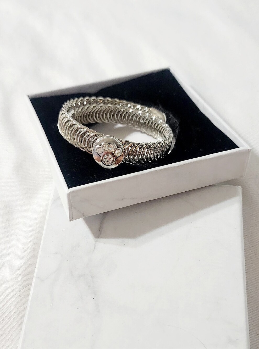 Source Unknown Silver Coil Stretch Bracelet with Crystal Paw Charm